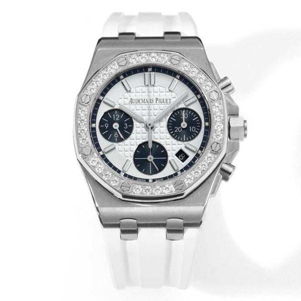 Audemars Piguet Royal Oak 37mm Ladies Automatic Chronograph Watch, Diamond Bezel Rubber Strap
