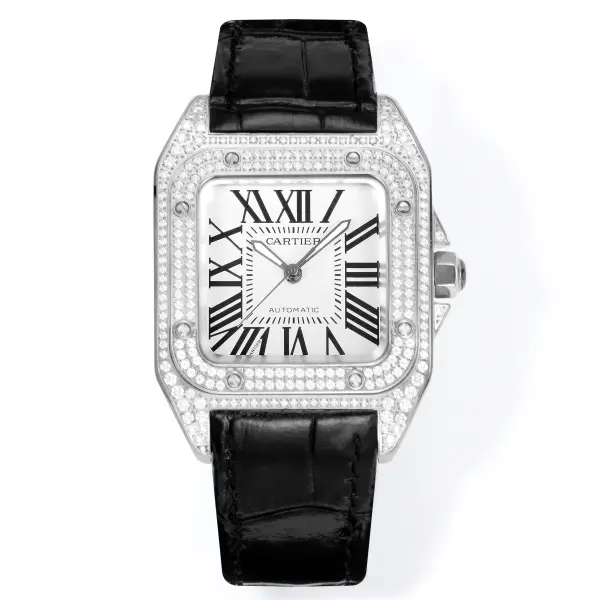 Cartier Santos 100th Anniversary Ladies Watch, Full Paved Diamond Bezel, 35.6mm